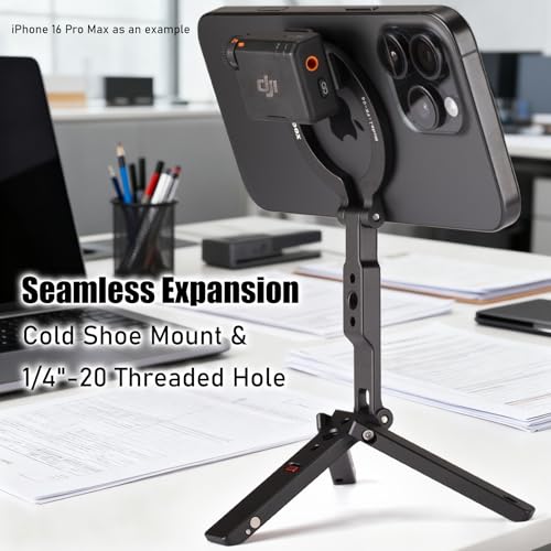 Magnetic Tripod Stand for iPhone - 1/4" Screw Coldshoe & Rail Hook (Black) | Aluminium,Ultra-Compact,Strong Magnetic Table Tripod,for iPhone Series Magasfe Cases Quick Attach