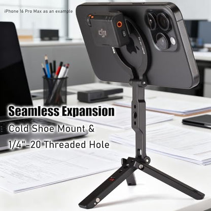 Magnetic Tripod Stand for iPhone - 1/4" Screw Coldshoe & Rail Hook (Black) | Aluminium,Ultra-Compact,Strong Magnetic Table Tripod,for iPhone Series Magasfe Cases Quick Attach