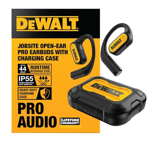 DEWALT Heavy Duty Open Ear Headphones, Bluetooth 5.3 Wireless Earbuds IP55, 44Hrs Runtime, Jobsite Premium Sound True Wireless Air Conduction Open Ear Earbuds with Earhooks for Worksites and Workouts