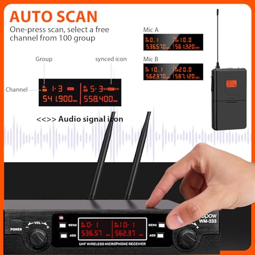 200-Channel Wireless Lavalier Microphone, Dual UHF Bodypack Cordless Lavalier Mic System Set, Auto Scan, Long Range 200-240Ft, 16 Hours Use Ideal for Speaking, Classroom 2023 333B…