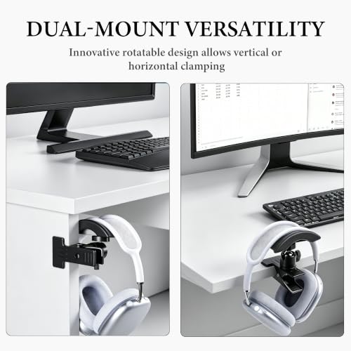 GEEKRIA Adjustable Clamp-On Headphone Holder, No-Drill Metal Headset Stand with Headband Rest, Under Desk Mount for Gaming Headsets, Home & Office, Black