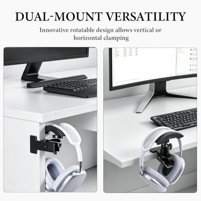 GEEKRIA Adjustable Clamp-On Headphone Holder, No-Drill Metal Headset Stand with Headband Rest, Under Desk Mount for Gaming Headsets, Home & Office, Black