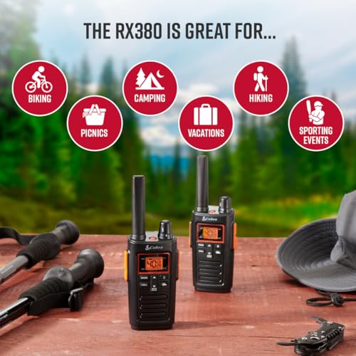 Cobra RX380 Walkie Talkies (2-Pack), 40 Pre-Programmed Channels | Weather Resistant Two Way Radios Long Range, Weather Alerts, LED Flashlight, Long-Life NiMH Batteries (Black) - style: RX380