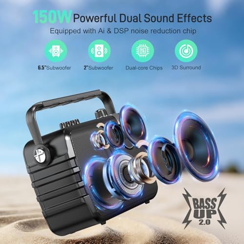 SHIDU 150W Portable PA System Bluetooth Speaker with 2 Wireless Microphones | Voice Amplifier Karaoke Machine for Adults, Support Guitar/USB/TF/Aux Input, Professional Speaker for Teaching Events Party