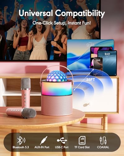 Karaoke Machine with Disco LED Lights for Kids Adults, Mini Portable Bluetooth Speaker with 2 Wireless Microphones, Birthday Gifts for Girls Family Party Basket Stuffers (Pink) - color: Pink