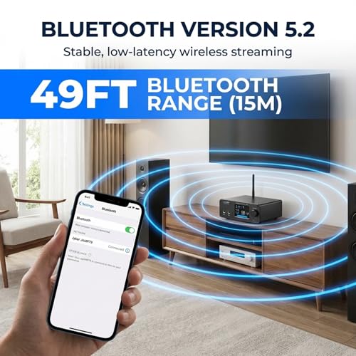 Jyker Hi-Fi DAC Stereo Amplifier w/Bluetooth 5.2-2 Channel Class D TPA3116 x2 ES9023 Audio Amp for Passive Speakers, AUX/SUB Outputs, Opt/USB/MIC/RCA Inputs, Bass Treble Echo, Colored LCD (400, Watts)