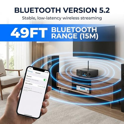 Jyker Hi-Fi DAC Stereo Amplifier w/Bluetooth 5.2-2 Channel Class D TPA3116 x2 ES9023 Audio Amp for Passive Speakers, AUX/SUB Outputs, Opt/USB/MIC/RCA Inputs, Bass Treble Echo, Colored LCD (400, Watts)