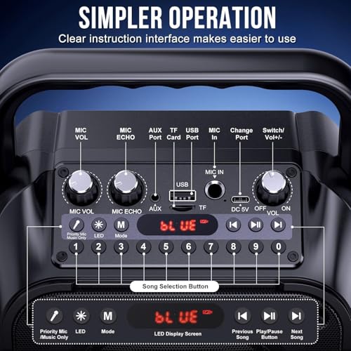 Karaoke Machine, Portable Bluetooth Speaker with 2 Wireless Mics for Adults & Kids with LED Lights, Bass/Treble Adjustment, PA System Supports USB/TF/FM/AUX/TWS for Party Home System Packages