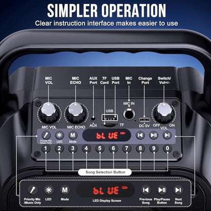 Karaoke Machine, Portable Bluetooth Speaker with 2 Wireless Mics for Adults & Kids with LED Lights, Bass/Treble Adjustment, PA System Supports USB/TF/FM/AUX/TWS for Party Home System Packages