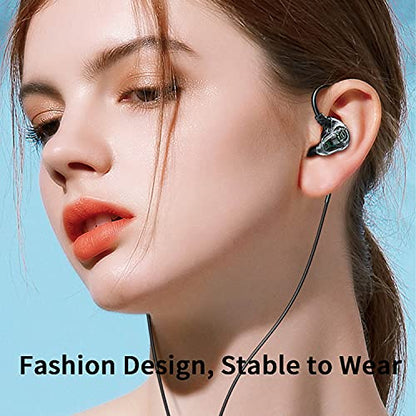 Dual Driver Wired Headphones 3.5mm Jack Earphones Plug in Ear Buds | Extra bass earbuds, wrap around over ear, hifi, microphone, hook, sport, running, aux, braided cable, noise isolation, cord