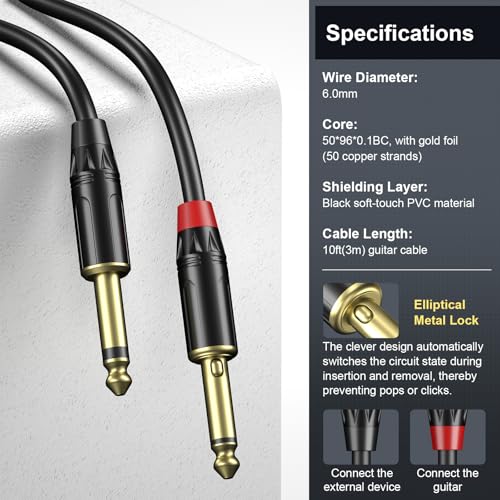 Guitar Cable 10ft, Professional Series Instrument Cable with Silent Elliptical Lock Plug, 6.35mm Stereo Plugs Guitar Cord for Electric Guitar, Amp, Mixer, Speaker, Studio Monitor
