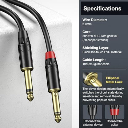 Guitar Cable 10ft, Professional Series Instrument Cable with Silent Elliptical Lock Plug, 6.35mm Stereo Plugs Guitar Cord for Electric Guitar, Amp, Mixer, Speaker, Studio Monitor