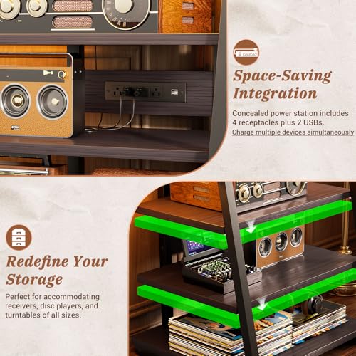 4-Tier AV Media Stand with Power Strips, Stereo Stand with LED Lights, Rack Audio Tower with Adjustable Shelves, Small Entertainment Center, 30'', Black Ebony | Corner Shelf Stand with Power Strip & LED Lights, Audio Tower HIFI Rack Stereo Shelf CRT TV St