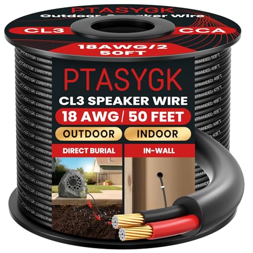 18 Gauge Outdoor Speaker Wire 50ft CL3 Direct Burial CCA Cable | CL2 Rated, 2 Conductor Stranded Core, UV and Weather Resistant, No Conduit Needed Underground, Garden Patio Pool Audio - size: 50FT, style: 18GAUGE