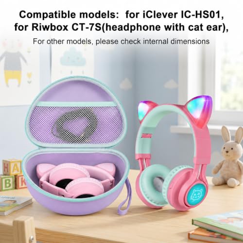 Headphone Case for Riwbox CT-7 Pink/for Jack CT-7S Cat Green 3.5mm/ for iClever IC-HS01/for Picun/for FosPower Bluetooth Wireless Over-Ear Headphones Headset Box Only,Purple | Headphone case for kids, hard EVA shell, mesh pocket, fits cat-ear over-ear mod