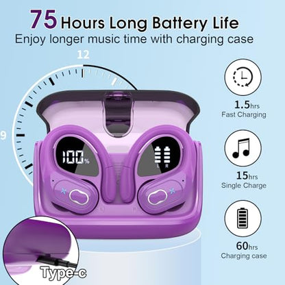 Wireless Earbuds 75H Bluetooth 5.4 Sport Headphones with Earhooks, Purple | IPX7 Waterproof In-ear Buds Feature ENC Noise Cancelling Mic & Deep Bass. Stereo Sound Device for Gym Running Workout - color: Purple