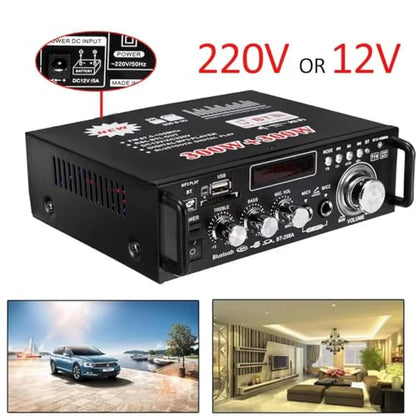 Bluetooth Stereo Receiver Home Audio Amplifier HiFi 600W Home Theater System Speaker Amplifier, 2 Channels, LCD Display, Portable FM Radio, SD Card/USB Input, 12V-220V for Home or Car Use