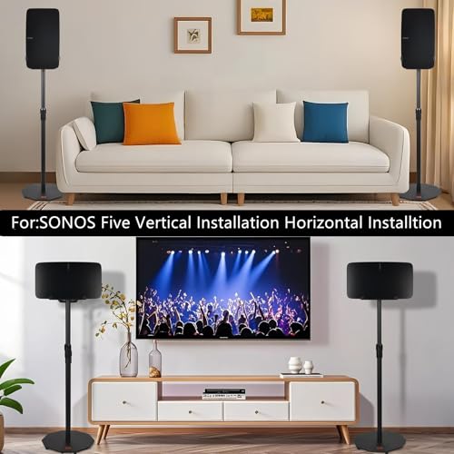 Dual Orientation Floor Stand for Sonos Five | Vertical or Horizontal Speaker Mount | Height Adjustable (25.6” - 40.2”) | Heavy Duty 6mm Steel, 44lb Load Capacity