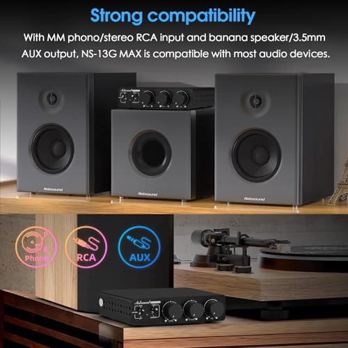 Nobsound 300Wx2 Stereo Amplifier with Phono Input - HiFi Class D Mini Power Amp for Home Theater, Turntables, Studio Monitor | TPA3255 Chip, RCA/MM Inputs, Bass/Treble Control (NS-13G MAX DC 48V)