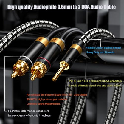 Audiophile 3.5mm to 2 RCA Audio Cable 5M/16.4Feet, Silvered-Plated Copper core,Gold-Plated 3.5 mm Male to Dual RCA Male Audio Adapter Braided Cable for Smartphones Tablets Speakers HDTV - size: 16.4 Feet (5M), style: Straight 3.5mm to 2 RCA