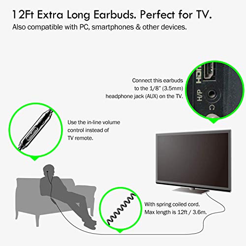 12Ft Extra Long Earbuds for TV & PC, in-Ear Wired Headphones, 3.5mm Jack | 3.6M Long Headphone for TV Watching with Coiled Extension Cable, Volume Control & Mic, Ideal Gift for Parents and Elderly