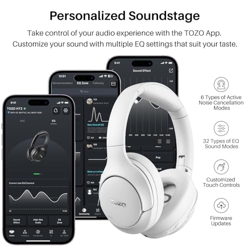 TOZO Hybrid Active Noise Cancelling Headphones, Hi Res Audio | Wireless Over Ear Bluetooth Headset, 60H Playtime, Custom EQ via App Deep Bass Comfort Fit Ear Cups, for Home Office Travel - color: White