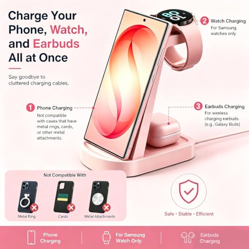 Wireless Charging Station for Samsung/Android, Fast Wireless Watch Charger Station Compatible for Samsung Galaxy S26 Ultra/S25/S24+/Z Flip 7/6 Fold 7/6, Watch8/7/Pro/Active 2 Galaxy Buds3/2 Pro(Pink) - color: Pink