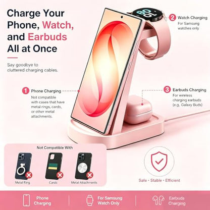 Wireless Charging Station for Samsung/Android, Fast Wireless Watch Charger Station Compatible for Samsung Galaxy S26 Ultra/S25/S24+/Z Flip 7/6 Fold 7/6, Watch8/7/Pro/Active 2 Galaxy Buds3/2 Pro(Pink) - color: Pink