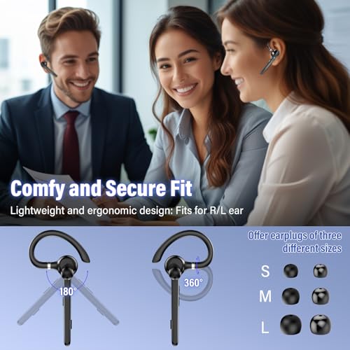 Bluetooth Headset, 90Hrs Single-Ear Headset with APTX HD Audio & Mute Button, 2026 Wireless Bluetooth 5.3 Earpiece, Dual Noise Cancelling Mics, Hands Free Headphone for Trucker, Business, Gym, Grey