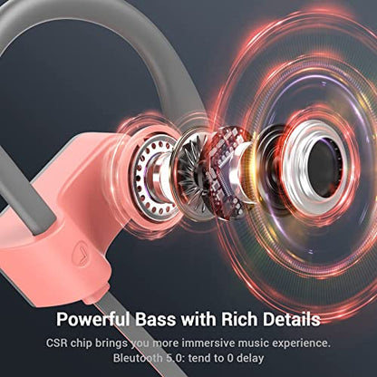 Bluetooth 5.3 Headphones, Wireless Sports In-Ear Earbuds IPX7 Waterproof | 16 Hours Playtime, Sweatproof Stereo Earphones with MIC, Noise Cancelling Headsets for Gym Running Workout, Clear Sound - color: Pink