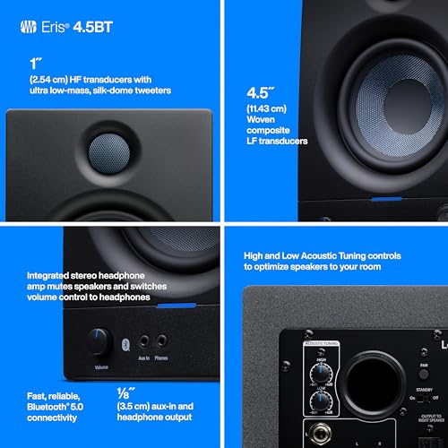 PreSonus Eris 4.5BT Bluetooth Studio Monitors, Pair — 4.5" Inch Powered Bookshelf Speakers, Stereo, Desktop Computer, Near Field Music Production, Audio Mixing Recording | 4.5 Inch Powered Bookshelf Speakers, Stereo, Desktop Computer, Near Field Music Pro