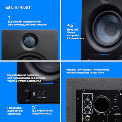PreSonus Eris 4.5BT Bluetooth Studio Monitors, Pair — 4.5" Inch Powered Bookshelf Speakers, Stereo, Desktop Computer, Near Field Music Production, Audio Mixing Recording | 4.5 Inch Powered Bookshelf Speakers, Stereo, Desktop Computer, Near Field Music Pro
