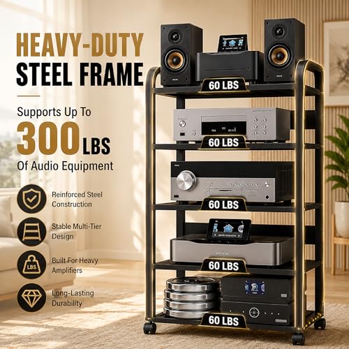 5 Tier Av Media Stand with Wheels, 39in Adjustable Audio Rack | Modern Stereo Racks And Stands, Audio-Video Shelving For Home, Office, Theater