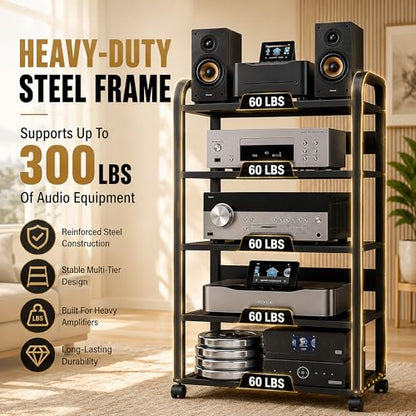 5 Tier Av Media Stand with Wheels, 39in Adjustable Audio Rack | Modern Stereo Racks And Stands, Audio-Video Shelving For Home, Office, Theater