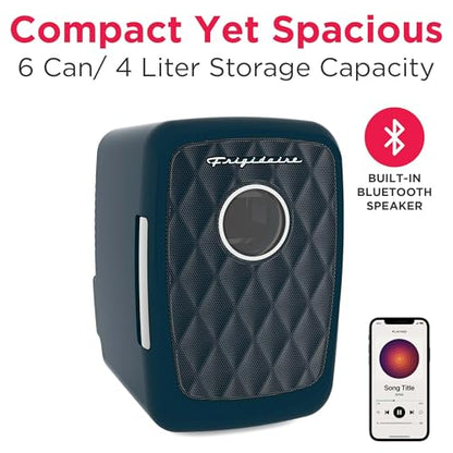 Frigidaire Mini Portable Compact Personal Cooler Fridge, 4 Liter Capacity Chills Six 12 oz Cans, 100% Freon-Free & Eco Friendly, Includes Plugs for Home Outlet - AZURE, BUILT IN BLUETOOTH SPEAKER - color: Azure