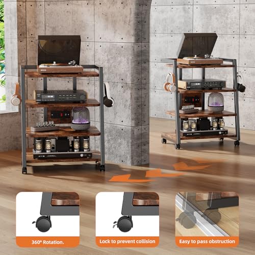 CABTE Mobile AV Media Stand with Outlets and 4 Rolling Caster Wheels | 4-Tier Rolling TV Stand for Gaming Console, Stereo, DVD Player, Sturdy Metal Frame, Versatile Living Room,Bedroom (Brown) - color: Retro Brown