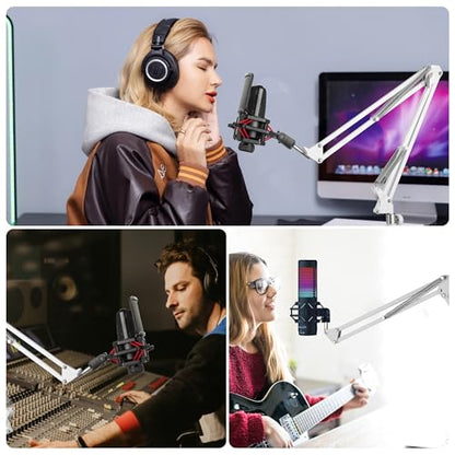 White Microphone-Floor-Stand for Blue Yeti, Nano, Snowball, Solocast,Razer,Logitech USB and XLR Mic,Adjustable Mic Boom Arm Stand with 1/4'' Thread and 3/8" 5/8" Adapter, Mic Clip, Cable Ties