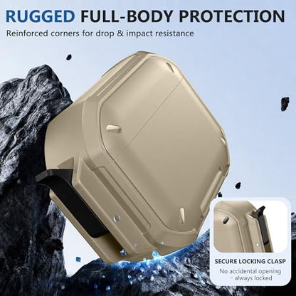 for AirPods Pro 3 Case, IP68 Waterproof Military Grade Protective Cover for AirPods Pro 3rd Gen, Anti-Scratch Hard Shell Cover with Secure Lock, Keychain & Phone Stand (2025), Khaki - color: Khaki