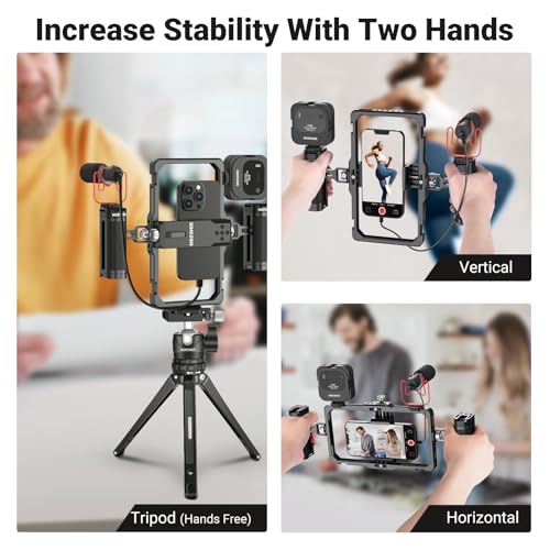 NEEWER Upgraded Phone Rig Vlogging Kit, Video Stabilizer with Dual Handle, Wireless Mic Clip Slot for TikTok YouTube, Compatible with SmallRig iPhone 17 Pro Max 16 16e 15 Galaxy S25 Ultra, PA009 - style: PA009