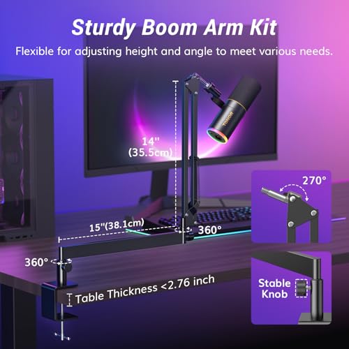TONOR Dynamic Podcast Microphone, XLR/USB Mic for Recording, Streaming, XLR Cardioid Studio Mic with Quick Mute, Volume Control, 200 cm/78inch Cable, with RGB and Low Profile Boom Arm, Black, TD520S+