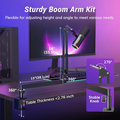 TONOR Dynamic Podcast Microphone, XLR/USB Mic for Recording, Streaming, XLR Cardioid Studio Mic with Quick Mute, Volume Control, 200 cm/78inch Cable, with RGB and Low Profile Boom Arm, Black, TD520S+