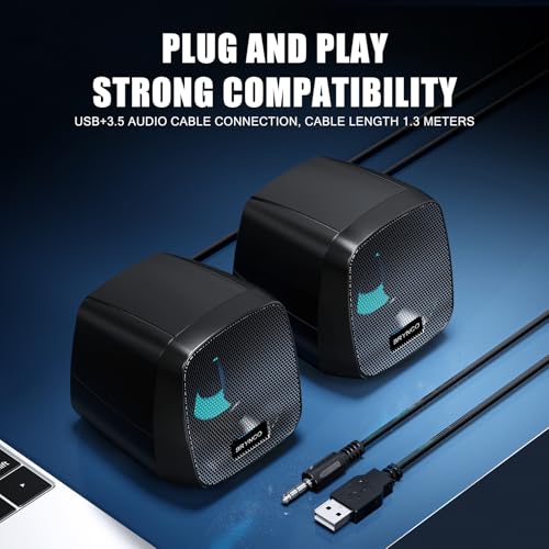 Computer Speakers for Desktop PC, 2.0 Stereo USB-Powered Speakers with 3.5mm AUX, in-Line Volume Control with LED Lights, Compact Plug and Play Speakers for Students, Teens, Monitor, Laptop