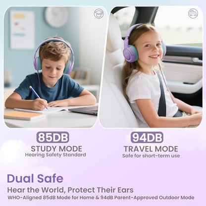 Acer USB‑C Kids Headphones for School, 85‑94dB Limiter, w/Mic HK03C | Foldable Wired Over Ear Headphones, for Toddler School/Travel/iPad/Tablet, Purple‑Green - color: USB-C Green-Purple