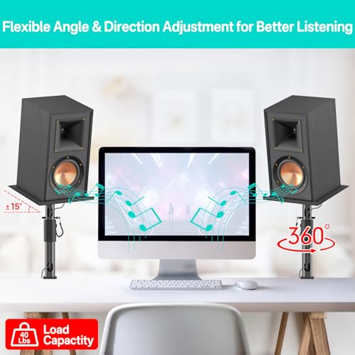 Clamp-on Desktop Speaker Stands Pair for Klipsch Bookshelf Speaker Stand - Height Adjustable Speaker Stand Desk for Klipsch R-50M, R-51M, R-41M, R-15PM and More Speakers Desk Stand Wr Cable Management