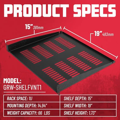 Gator Rackworks Universal Rack Mounting Vented Accessory Shelf, 1U Size - 15" Deep (GRW-SHELFVNT1) - size: 1U Rack Space - Vented