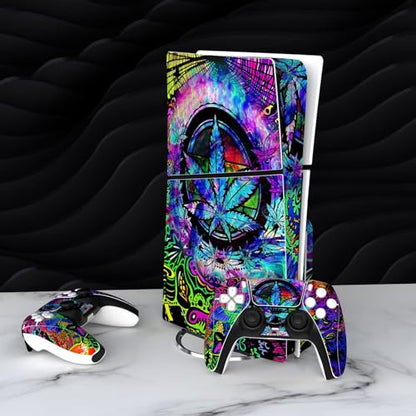 PlayVital Full Set Skin Sticker for ps5 Slim Console Disc Edition (The New Smaller Design), Vinyl Skin Decal Cover for ps5 Controller & Headset & Charging Station & Media Remote - Psychedelic Leaf - color: Psychedelic Leaf