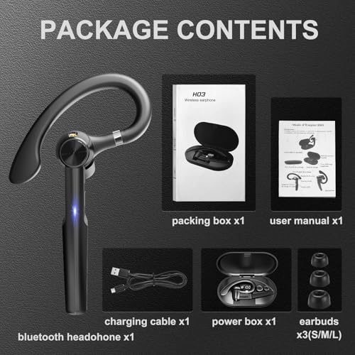 Bluetooth 5.3 Headset, 60Hrs Single Ear Earpiece with Mic | LED Charging Case, Noise Cancelling Mic, Hands-Free Calls for Business, Driving & Meetings