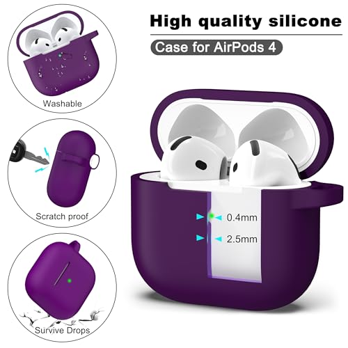 for AirPods 4 Case with Cleaner Kit,Full Protective Soft Skin Silicone Cover with Keychain for AirPods 4 Gen Case for Men Women,Compatible with Apple AirPods 4th Genaration Case 2024,Plum - color: C Plum