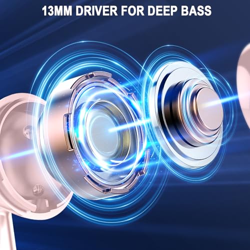 Jxrev Wireless Bluetooth 5.4 Earbuds, 6D Stereo Ear Buds, LED Power Display | Bluetooth Earbuds in-Ear Noise Cancelling Mic, 40H Playback, Mini Case, IP7 Waterproof Sports Earphones, for Android iOS - color: peach pink