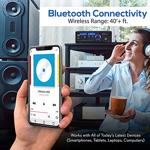 Pyle Home Power Amplifier with Bluetooth Wireless - 2 x 120 Watt Stereo Receiver w/ Blue LED Level Meter, FM Radio, USB-A Input w/ MP3 Player, SD Card In, Aux, RCA, Headphone Jack - PCAU46BA